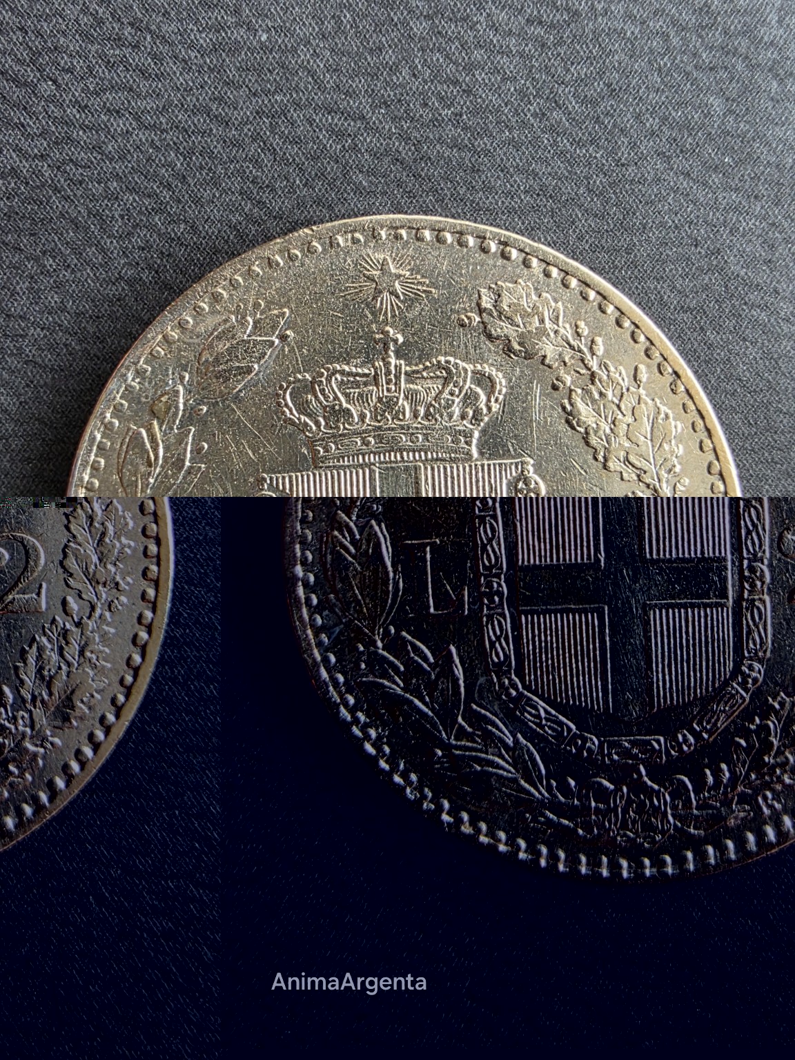Escudo de Saboya y valor de 2 lire en la moneda italiana de 1881